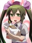  blush bottle brown_hair commentary green_eyes hair_ribbon hat himekaidou_hatate jeno olive_oil open_mouth ribbon shirt skirt smile solo tears tokin_hat touhou towel twintails what wrapped_up zip!_(tv_show) 
