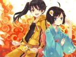  araragi_karen araragi_tsukihi black_eyes black_hair hao_(patinnko) hooded_track_jacket hoodie jacket japanese_clothes kimono long_hair monogatari_(series) nisemonogatari short_hair siblings side_ponytail sisters 