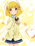  abe_kanari blonde_hair blush cardigan chocolate hairband heart heart_background highres kise_yayoi looking_at_viewer necktie open_mouth precure school_uniform short_hair smile smile_precure! solo v yellow_eyes 