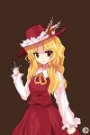  alphes_(style) blonde_hair cross dolls_in_pseudo_paradise extra hat kaoru_(gensou_yuugen-an) long_hair parody red_eyes simple_background smile solo style_parody touhou 