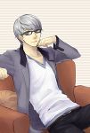  belt couch formal glasses grey_eyes grey_hair hand_on_another&#039;s_face hand_on_another's_face hand_on_own_face jacket long_sleeves looking_at_viewer male narukami_yuu pants persona persona_4 short_hair sitting smile solo umechiui v-neck 