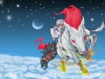  carrying chain chains cloud dated demon entei_(inuyasha) fire flying graphite_(medium) hakudoushi horse inuyasha japanese_clothes male mane moon nick-ian red_eyes red_hair redhead riding scythe sky slit_pupils traditional_media veins 
