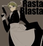  ahoge america_(hetalia) axis_powers_hetalia blonde_hair blue_eyes cocked_hammer crossdressinging error gloves gun handgun kisaragi_n m1911 maid male pistol smoke smoking_gun solo weapon 