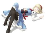  ;( alice_margatroid bangs black_legwear blonde_hair blue_dress blue_eyes book capelet dress feet frills frown hairband legs lock looking_at_viewer lying on_back open_mouth pantyhose rokuwata_tomoe sash short_hair simple_background solo toes touhou white_background wink 