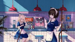  2girls :3 animal_ears apron ashtray blender_(object) blonde_hair braid brand_name_imitation broom brown_hair cat_ears cat_girl cat_tail ceiling_light cigarette clock coca-cola coffee_maker commentary_request cup diner dress fish_hair_ornament green_eyes hair_ornament haruwo highres holding holding_broom holding_cigarette indoors ketchup_bottle long_hair maid_headdress multiple_girls mustard_bottle open_mouth original poster_(object) salt_shaker short_hair sitting smile smoking stool tail tile_wall tiles twin_braids waitress wrist_cuffs 