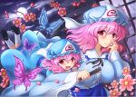  2girls age_difference butterfly child dual_persona flower hat ko-yuyuko moon mother_and_daughter multiple_girls night open_mouth pink_hair red_eyes saigyouji_yuyuko shin&#039;en_(gyokuro_company) short_hair smile touhou triangular_headpiece 