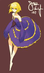  bare_shoulders barefoot blonde_hair bob_cut dress eirene_(oniro) elbow_gloves eu03 flat_chest gloves magical_girl oniro original purple_eyes short_hair simple_background solo strapless_dress violet_eyes 