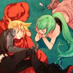  1girl automail blonde_hair cosplay edward_elric edward_elric_(cosplay) fullmetal_alchemist green_hair hatsune_miku kagamine_len lowres mechanical_arm on_side on_stomach vocaloid winry_rockbell winry_rockbell_(cosplay) wrench 