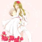  1boy 1girl bare_shoulders carrying couple dress flower formal gown green_hair hair_flower hair_ornament hetero hug kagerou_project kano_(kagerou_project) kido_(kagerou_project) long_hair nyapui princess_carry short_hair suit wink 