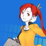  adjusting_earphones bag blue_background copyright_request earphones hand_up long_hair masato_(pixiv) red_eyes red_hair redhead simple_background smile solo sweater 