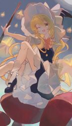  1girl absurdres apron back_bow black_hat black_skirt black_vest blonde_hair bow braid cindy717 foot_out_of_frame frilled_skirt frills hair_between_eyes hat hat_bow head_tilt high_heels highres kirisame_marisa large_bow long_hair looking_at_viewer mary_janes one_eye_closed open_mouth puffy_short_sleeves puffy_sleeves shirt shoes short_sleeves single_braid skirt skirt_set socks solo star_(symbol) touhou very_long_hair vest waist_apron white_apron white_bow white_shirt white_socks witch_hat yellow_eyes 