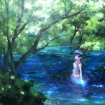  blue_eyes blue_hair braid highres ikeda_jun original single_braid solo submerged tree wading water 