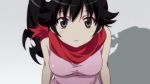  1girl :&lt; animated animated_gif araragi_karen bakemonogatari black_eyes black_hair fried_egg hair_ornament head_tilt lowres monogatari_(series) nisemonogatari pink_shirt scarf shadow shirt side_ponytail solo 