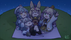  4girls =_= ahoge animal_ear_fluff animal_ears beret black_jacket black_pantyhose blonde_hair blue_coat blue_hair bow bowtie bright_pupils chibi chibi_only coat crop_top double-parted_bangs double_bun facial_mark fang flower forever9nine fox_ears fur-trimmed_coat fur-trimmed_jacket fur_trim gradient_hair green_eyes grey_eyes grey_hair grey_skirt hair_between_eyes hair_bun hair_flower hair_ornament half_up_braid hat heart heart_ahoge hololive jacket lap_pillow letterman_jacket lion_ears lion_tail long_hair long_sidelocks long_sleeves lying mark_under_eye miniskirt momosuzu_nene momosuzu_nene_(1st_costume) multicolored_bow multicolored_bowtie multicolored_hair multiple_girls nekko_(momosuzu_nene) nepolabo night night_sky omaru_polka omaru_polka_(1st_costume) on_back orange_skirt outdoors pantyhose picnic_blanket pink_hair pointing pointing_up pointy_ears seiza shirt shishiro_botan shishiro_botan_(1st_costume) side_up_bun sidelocks signature single_leg_pantyhose sitting skirt sky sleeveless sleeveless_shirt ssrb_(shishiro_botan) streaked_hair tail torn_clothes torn_pantyhose two_side_up very_long_hair virtual_youtuber white_hat white_jacket white_pupils yellow_eyes yukihana_lamy yukihana_lamy_(1st_costume) yukimin_(yukihana_lamy) zain_(omaru_polka) 