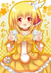  arms_up bad_id blonde_hair blush bow brooch cosplay cure_peace cure_peace_(cosplay) cure_peace_pose double_v dress hair_ribbon highres jewelry look-alike open_mouth precure red_eyes ribbon rumia shinekalta short_hair smile smile_precure! solo the_embodiment_of_scarlet_devil touhou v wrist_cuffs yellow_dress youkai 