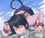  animal_ears bakemonogatari black_hair blue_eyes blush catgirl city glasses hanekawa_tsubasa long_hair monogatari_(series) seifuku tail terada_ochiko train 