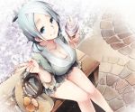  bag bench blue_eyes breasts cleavage down_blouse eyebrows female flower food from_above fubuki_shirou genderswap ice_cream ice_cream_cone inazuma_eleven inazuma_eleven_(series) jewelry large_breasts looking_at_viewer miniskirt mirunai necklace purse pursue silver_hair sitting skirt smile solo v 