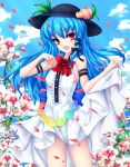  adapted_costume blue_hair bow cherry_blossoms food fred0092 fruit hair_bow hat highres hinanawi_tenshi long_hair open_mouth peach petals red_eyes skirt_hold sleeveless sleeveless_shirt solo touhou 