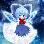  blue_dress blue_eyes blue_hair blush bow cirno cocozasa dress hair_bow hands_in_sleeves highres long_sleeves ribbon shirt short_hair smile snowflakes solo space touhou wings 