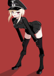  absurdres ankle_boots belt bent_over black_gloves black_shirt black_thighhighs blazer blonde_hair boots breasts collar cross epaulettes gloves hands_on_own_knees hat highres iron_cross jacket jiseki_rena long_hair looking_at_viewer medium_breasts military_uniform miniskirt nazi necktie original peaked_cap pleated_skirt red_background red_eyes reichsadler shirt sidelocks skindentation skirt thigh-highs totenkopf zettai_ryouiki 