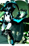  bikini_top black_hair black_rock_shooter black_rock_shooter_(character) blue_eyes boots claws coat dead_master glasses green_eyes highres long_hair looking_at_viewer midriff multiple_girls navel rogia short_shorts shorts skull smile twintails veil 