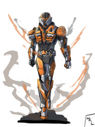  1boy armor artist_name black_bodysuit bodysuit chimera_driver clenched_hands compound_eyes fang full_body grey_armor grey_eyes hakael1998 highres kamen_rider kamen_rider_chimera kamen_rider_revice kamen_rider_revice:_battle_familia multicolored_armor orange_armor simple_background smoke standing straight-on twin_chimera_vistamp vistamp walking white_background 