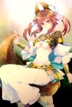  1girl alternate_costume animal_ears belly_dancer bow breasts caster_(fate/extra) detached_sleeves fate/extra fate/extra_ccc fate_(series) fox_ears fox_tail hair_bow hair_ribbon highres jewelry midriff necklace nomoc pink_hair ribbon solo tail tiara twintails underboob yellow_eyes 