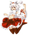  :3 animal_ears armpits arms_up bow breasts detached_sleeves excel_(shena) fangs fingernails frills geta hat high_collar highres inubashiri_momiji jumping legs_up looking_at_viewer midriff navel no_bra open_mouth pom_pom_(clothes) red_eyes shirt short_hair simple_background skirt solo tail teeth thigh-highs thighhighs tokin_hat touhou under_boob underboob white_background white_hair wolf_ears wolf_tail 
