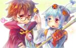  2boys ahoge beetle blue_eyes blue_hair blush brown_hair butterfly cape clock frown glasses heterochromia insect ladybug male multiple_boys nara_umi puyopuyo puyopuyo_fever red_eyes sig strange_klug 