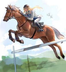  1boy aki_(neyuki41028) animalization black_boots blonde_hair blue_eyes blurry boots bridle brown_horse caenis_(fate) closed_mouth day depth_of_field fate/grand_order fate_(series) feathers gloves gold_trim hair_between_eyes helmet holding holding_reins horse horseback_riding hurdle jacket jumping kirschtaria_wodime knee_boots leaning_forward long_hair long_sleeves looking_ahead male_focus no_cape outdoors pants reins riding saddle sitting sketch_background smile solo stirrups_(riding) suit translation_request white_feathers white_gloves white_jacket white_pants white_suit 
