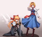  alice_margatroid arm_up black_dress black_gloves blonde_hair blue_dress blue_eyes boots bow capelet dress gloves hair_bow hairband hanamaru-s jewelry kneeling long_hair planted_sword planted_weapon ring sash shanghai_doll short_hair standing sword touhou weapon wings 