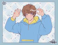  1boy blue_border blue_hoodie border bright_pupils brown_hair claw_pose commentary english_commentary grin hands_up highres hood hoodie inoue_shouma kamen_rider kamen_rider_gavv_(series) looking_at_viewer male_focus multicolored_eyes rubberlemon short_hair smile solo sprinkles upper_body violet_eyes white_pupils yellow_eyes 