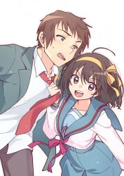  1boy 1girl belt blazer blue_belt blue_sailor_collar blue_skirt breasts brown_eyes brown_hair brown_pants clothes_grab collared_shirt commentary_request green_jacket hair_ribbon hairband highres jacket kita_high_school_uniform kyon long_sleeves looking_at_another looking_at_viewer medium_hair necktie necktie_grab neckwear_grab open_clothes open_jacket pants pleated_skirt red_necktie red_ribbon ribbon sailor_collar school_uniform serafuku shirt short_hair simple_background skirt smile suzumiya_haruhi suzumiya_haruhi_no_yuuutsu taiki_(6240taiki) untucked_shirt white_background white_shirt winter_uniform yellow_hairband yellow_ribbon 
