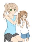  2girls adjusting_hair adult age_difference amputee artist_request bandaid bare_shoulders brown_eyes brown_hair child green_eyes hair_bobbles hair_ornament ibarazaki_emi if_they_mated katawa_shoujo mother_and_daughter multiple_girls prosthesis shorts t-shirt tank_top twintails twrlare 