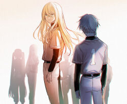  2girls 5boys aki_(neyuki41028) akuta_hinako arms_at_sides baseball_uniform belt beryl_gut black_belt black_shirt blonde_hair blue_eyes chromatic_aberration closed_mouth crypters_(fate/grand_order) daybit_sem_void ear_piercing facing_away fate/grail_league fate/grand_order fate_(series) gloves gradient_background grey_background grey_hair hair_between_eyes kadoc_zemlupus kirschtaria_wodime layered_shirt long_hair long_sleeves looking_at_another male_focus multiple_boys multiple_girls ophelia_phamrsolone pants piercing red_pants red_shirt scandinavia_peperoncino shirt short_hair short_sleeves smile sportswear standing white_gloves white_pants yu_mei-ren_(fate) 