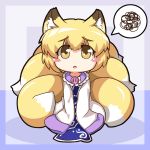  animal_ears blonde_hair blush_stickers chibi child commentary dress eyebrows fox_ears fox_tail large_buttons long_sleeves mesou-san multiple_tails no_hat no_headwear open_mouth oversized_clothes short_hair sitting sleeves_past_wrists solo spoken_squiggle squiggle tabard tail touhou v_arms white_dress yakumo_ran yellow_eyes 
