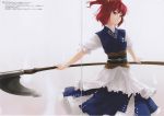  absurdres enhance_heart gap hair_bobbles hair_ornament highres onozuka_komachi red_eyes red_hair redhead rokuwata_tomoe scan scanning_dust scythe short_hair simple_background solo touhou twintails 