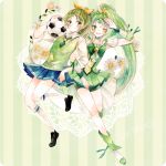  ball bike_shorts bowtie choker circlet cure_march dress dual_persona eko_(ecology) green green_background green_dress green_eyes green_hair long_hair magical_girl midorikawa_nao multiple_girls necktie ponytail precure short_hair shorts_under_skirt skirt sleeves_rolled_up smile smile_precure! soccer_ball sweater_vest tiara traditional_media tri_tails vest watercolor_(medium) wink wrist_cuffs 
