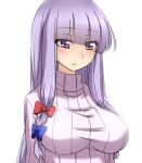  :/ blush breasts bust hair_ribbon impossible_clothes impossible_sweater kanaria_(artist) large_breasts long_hair looking_down no_hat no_headwear patchouli_knowledge purple_eyes purple_hair ribbed_sweater ribbon solo sweater tori_(minamopa) touhou violet_eyes 
