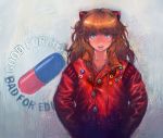  a akira badge bandaid blue_eyes boyaking button_badge english jacket neon_genesis_evangelion open_mouth parody pill red_jacket solo soryu_asuka_langley souryuu_asuka_langley 