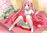  cherry_blossoms dango fan food green_eyes japanese_clothes petals pink_hair twintails 