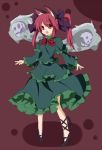  alternate_hairstyle animal_ears bad_id bow cat_ears dress fang flaming_skull green_dress hair_bow kaenbyou_rin kuromari_(runia) open_mouth red_eyes red_hair redhead smile solo touhou twintails 