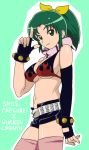  belt bikini_top breasts cosplay derivative_work fingerless_gloves gloves green_background green_eyes green_hair inoue_marina j9mz23 midorikawa_nao navel precure ribbon seiyuu_connection short_shorts shorts smile smile_precure! studded_belt tengen_toppa_gurren_lagann thigh-highs thighhighs title_drop yoko_littner yoko_littner_(cosplay) zettai_ryouiki 