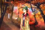  autumn autumn_leaves brown_hair hands_in_pockets hat hirokiku jacket original tree 