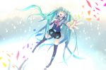  absurdres aqua_hair bad_id boots closed_eyes eyes_closed hand_on_own_chest hatsune_miku highres long_hair outstretched_arm paparins reflection singing skirt solo thigh_boots thighhighs twintails very_long_hair vocaloid 