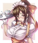  anna_miller asa_(xametaler) blush bow breasts brown_eyes brown_hair copyright_request cup glasses gloves hair_bow large_breasts long_hair ponytail puffy_sleeves ribbon solo tray waitress 
