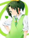  green_eyes green_hair hand_on_hip heart hips midorikawa_nao necktie nifu ponytail precure school_uniform sleeves_rolled_up smile smile_precure! solo sweater_vest 