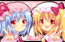  bad_id blonde_hair blue_hair blush face fang flandre_scarlet hat heart heart_of_string multiple_girls open_mouth red_eyes remilia_scarlet shinekalta short_hair siblings side_ponytail sisters smile touhou v 