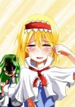  alice_margatroid blonde_hair blue_eyes blush capelet closed_eyes detached_sleeves eyes_closed frog_hair_ornament gohei green_hair hair_ornament hair_tubes hairband kochiya_sanae long_hair multiple_girls short_hair takorice tears touhou you_gonna_get_raped 