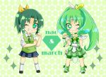  boots bow bowtie character_name chibi choker cure_march diamond dress dual_persona green_hair kneehighs long_hair midorikawa_nao necktie ponytail precure ribbon school_uniform skirt sleeves_rolled_up smile smile_precure! sweater_vest tri_tails wink 